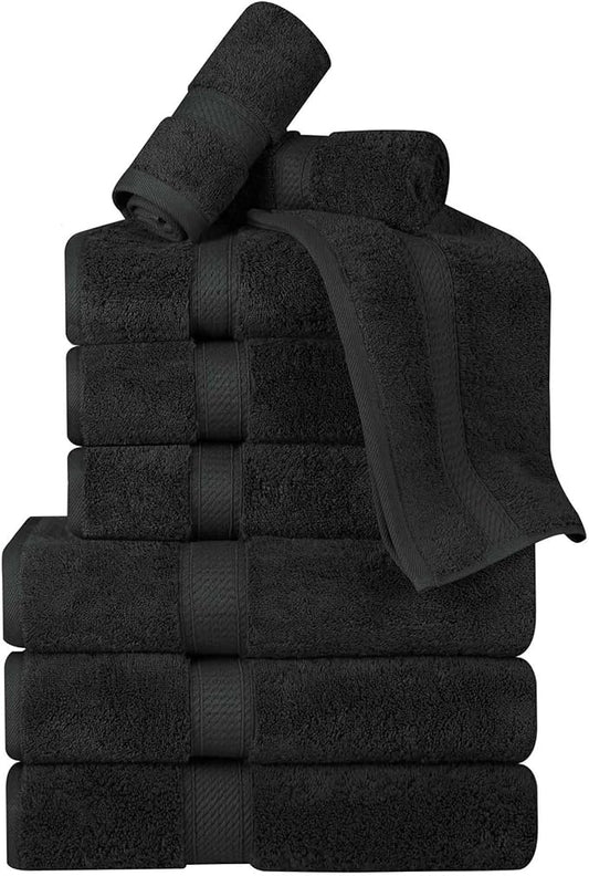 BNM Egyptian Cotton Heavyweight Towels, Ideal For Bathroom, Shower, Spa, Hotel, 800 GSM, Face/ Washcloths, Hand Towels, Bath Towels, Highly-Absorbent, Luxury Home Basics, 9 Piece Towel Set, Black