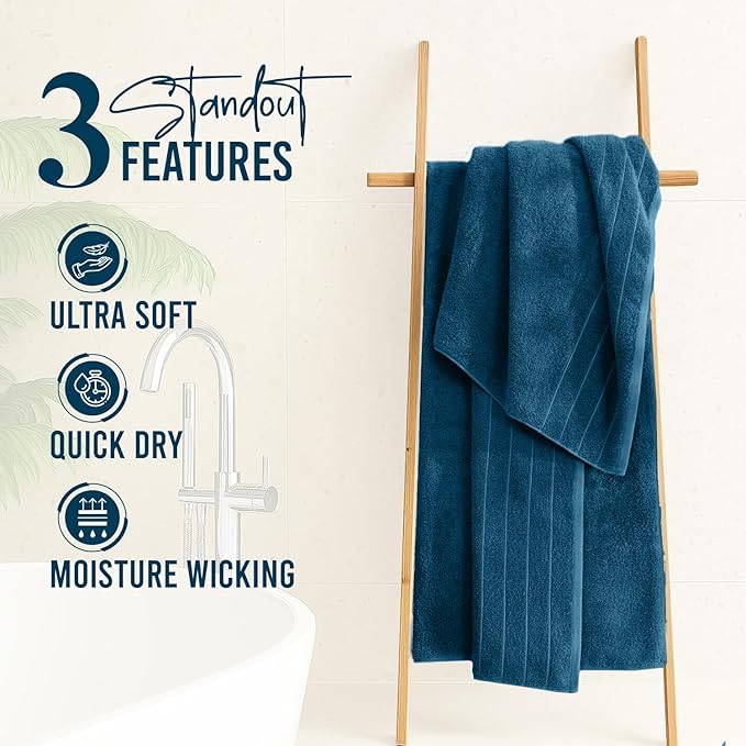 DAN RIVER Bath Towels Set of 4, 30 x 60 Inches, 100% Cotton, Larger & Lighter Weight, Quicker to Dry, Super Soft and Absorbent, Ideal Hotel Towels for Daily Use, Blue Opal