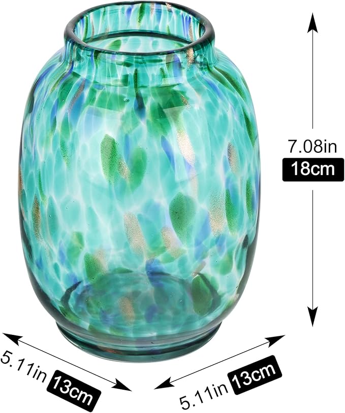 Blown Glass vase, Green Round Mouth vase, Modern Glass Art vase, Living Room Decorative vase for Living Room, Kitchen, Wedding, Dining Room Table, Office Centre Table with Flowers