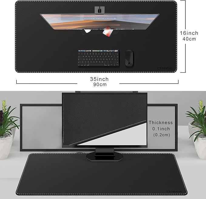 CENNBIE Leather Desk Mat Protector, 35.5" x 16" Extra Large Leather Office Desk Pad Mat for Full Desk, Computer Desk Mat on top of desks - Oversized Large Mouse Pad (Black)
