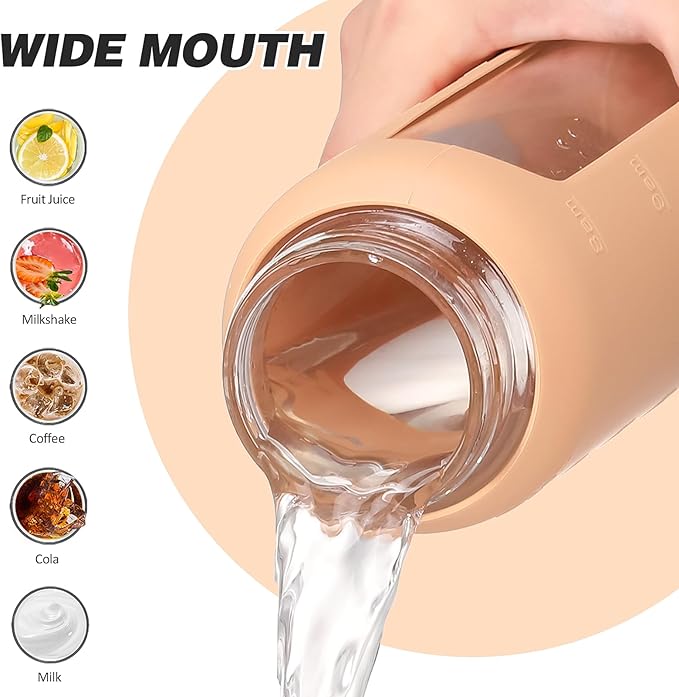 24oz Glass Water Bottle with Straw and 2 Lids-Bamboo and Spout Lid, Borosilicate Glass Water Bottle with Silicone Sleeve and Time Marker,BPA Free & Cupholder Friendly,Amber