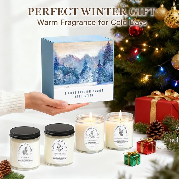 Winter Candle Gift Set, 4 Pack 28oz Soy Wax Scented Candles for Home – Cinnamon Apple, Balsam Fir, Vanilla Bean, Cedarwood & Amber – Cozy Aromatherapy Candles for Christmas, Holiday & Home Decor Gifts