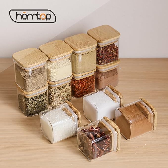 12Pcs 4oz Spice Jars with 275 Labels, Small Seasoning Glass Container Empty Organizer with Bamboo Lid Set for Pepper, Salt, Sugar