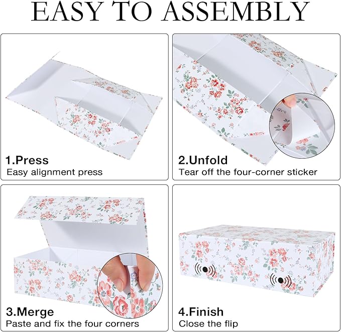 Rose Floral Gift Box with Magnetic Lids 13.8x8.3x4.4 in, Large Bridesmaid Proposal Boxes, Rectangle Wedding Decorative Storage Box 3 Pack