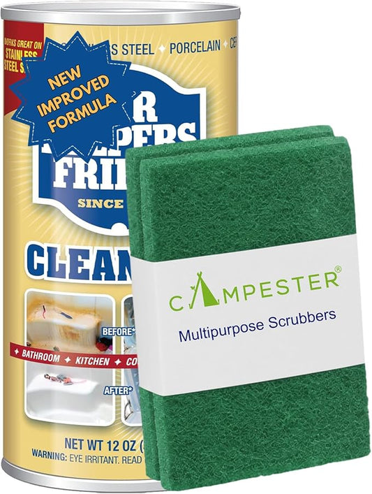 Campester Multipurpose Scrubbers Bundle for Bar-Keeper's Friend Powder Cleanser 12 oz. Stain Rust Remover. Bathroom, Kitchen Cleaner, Stainless Steel, Aluminum, Brass, Tile, Ceramic, Porcelain