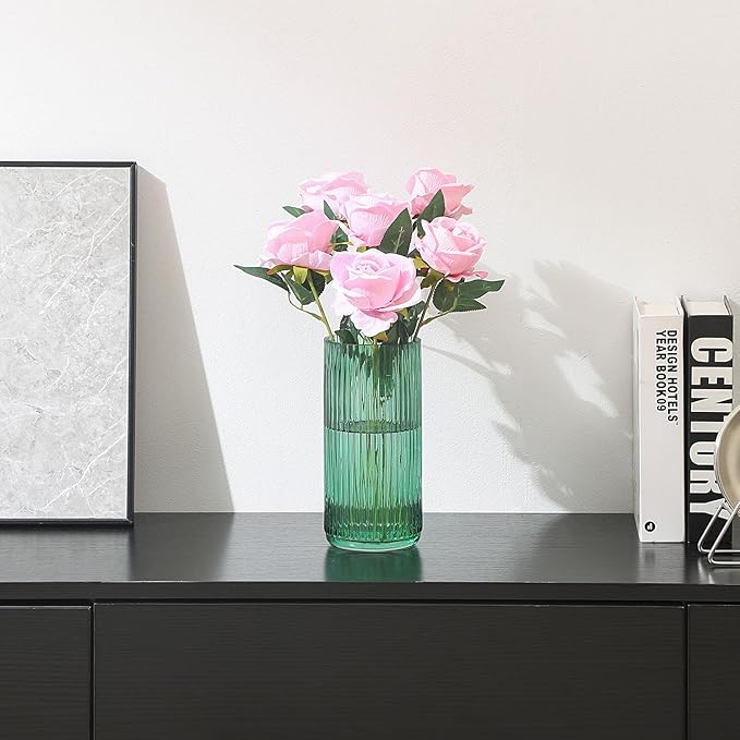 Ribbed Green Glass Vase - 8 Inch Modern Ribbed Vase for Flowers, Living Room, Bathroom, Dining Table, Office, Wedding, Centerpieces