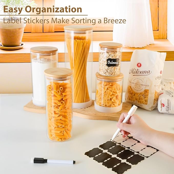 34oz Round Glass Storage Containers with Bamboo Lids – 6 Pack Medium Clear Food Airtight Glass Jars for Pantry Organizers and Storage, Kitchen Dry Food, Flour, Cereal, Coffee Beans & Staples