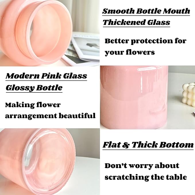 BLOFLO Pink Glass Vase, 7 Inch Large Glass Vase for Flowers, Modern Thick Glass Flower Vases for Centerpieces, Decorative Glass Cylinder Hydroponic Vase for Wedding, Home, Office (Pink, 7Inch)