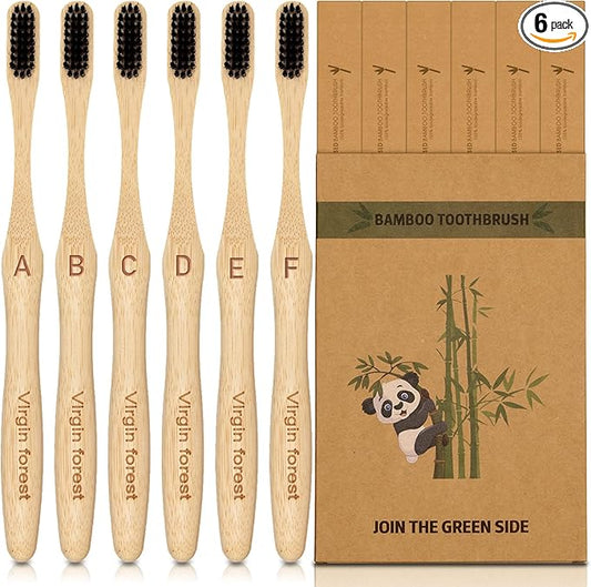 Virgin Forest Bamboo Toothbrush, Biodegradable Bamboo Charcoal Toothbrushes, Natural Eco Friendly Wooden Toothbrush 6-Pack