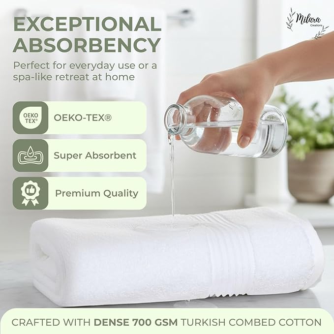 Milara Turkish Super-Plush Bath Towels Set 2-Piece | Premium Cotton Bath Towel Set Absorbent, Durable with Hanging Loops | White Color Turkish Bath Towels, (27 x 54 Inches)