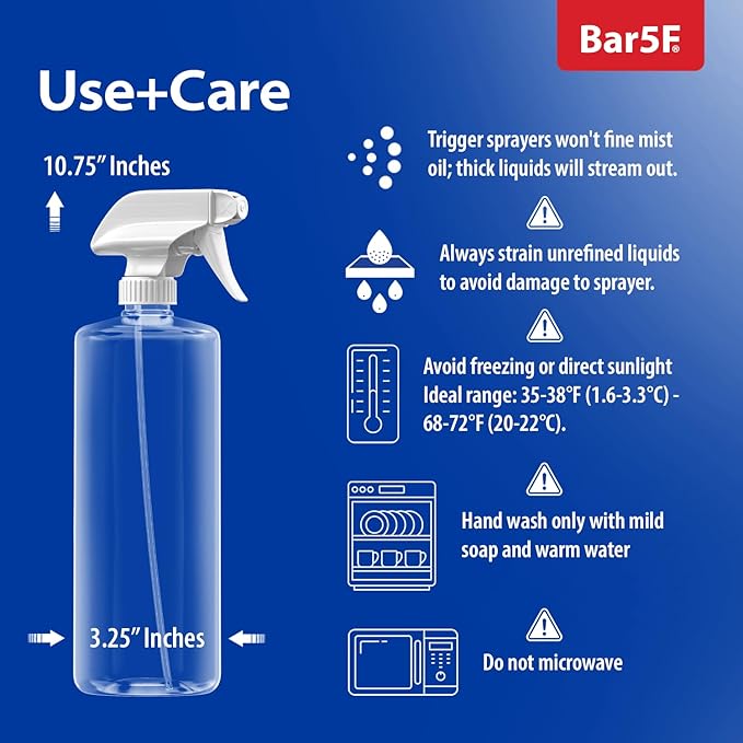 Bar5F Plastic Spray Bottles with Mixor Trigger, 32 oz | Professional, Leak Proof, Empty, Adjustable Fine to Powerful Sprayer, Refillable | Water Plants, Cleaning Solutions | Crystal Clear | Pack of 3