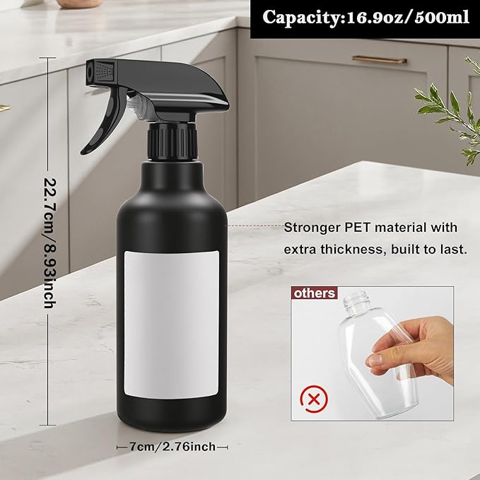 Spray Bottles 16.9oz/500ml Plastic Empty Spray Bottle for Hair Mist/Stream Spraying Heavy Duty Water Spray Bottles for Cleaning Solutions, Plants 2 Pack (Black)