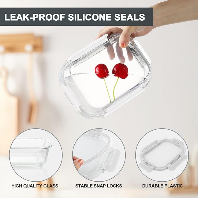 KAMOTA Glass Food Storage Containers, White Glass Meal Prep Containers, Airtight Containers with Snap-Lock Lids, Set of 12, for Microwave/Oven/Freezer/Dishwasher