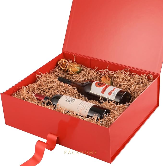 PACKHOME 17x14.5x5.5 Inches, Extra Large Gift Box with Lid, Magnetic Closure Boxes with Ribbon for Clothes and Large Gifts (Glossy Red)