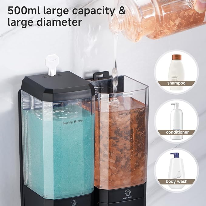 Shower Soap Dispenser Wall Mounted Shower Dispenser 2 Chamber No Drill Shampoo and Conditioner Dispenser Refillable Shampoo Dispener for Shower 2 * 500ml for Bathroom Hotel (Black 2 Chamber)