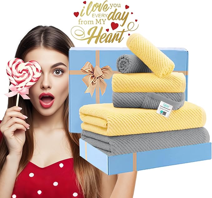 VOOVA & MOVAS Towels for Bathroom, Bath Towels with Hanging Loop - 100% Cotton | Soft | Quick Dry | Thick, Towel Set of 6, 2 Large Bath 30"x56", 2 Hand 18"x28", 2 Washcloths 13"x13", Grey and Yellow