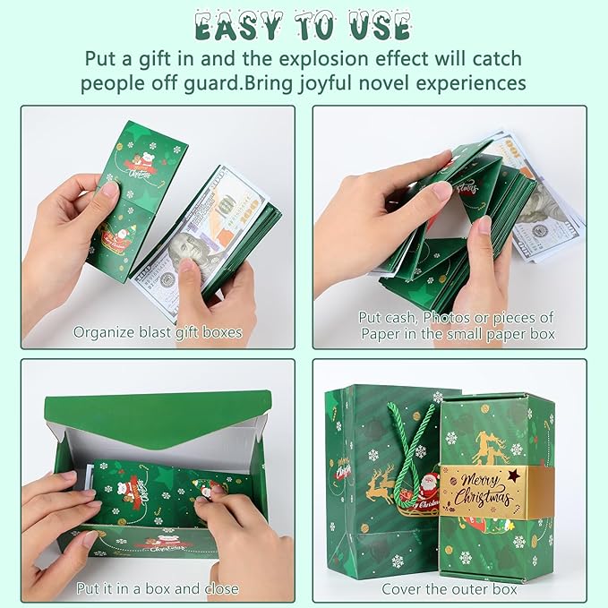 Surprise Gift Box Explosion for Money, Unique Folding Bouncing Red Envelope Gift Box with Confetti for Birthday Anniversary Valentine Proposal (12 Bounces)(Green)