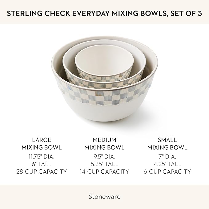 MACKENZIE-CHILDS Set of 3 Everyday Mixing Bowls, Small, Medium, and Large Stoneware Bowls for Kitchen Use, Gray-and-White Sterling Check