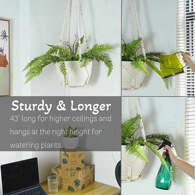 43 Inches Macrame Plant Hanger Large for 12 inch Pot Extra Long No Tassel Cotton Rope Hanging Plant Holder with Ceiling Hook Bohemian Home Decor