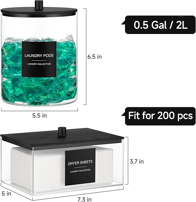 3 Pack Glass Jars and Acrylic Dryer Sheet Holder, Laundry Pods Container with Bamboo Lid and Measuring Cups for Laundry Room Organization, Powder Detergent Containers (Black)