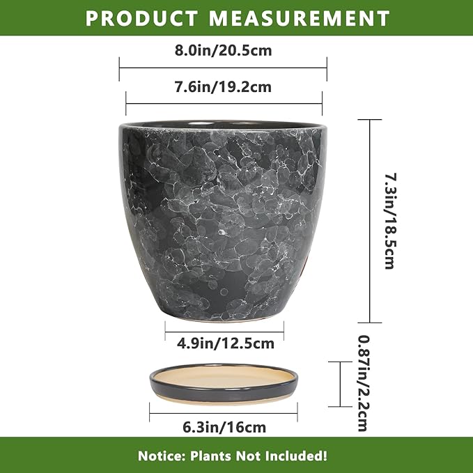 Ceraimc Planter - 8 Inch Plant Pot for Indoor Outdoor Plants, Decorative Round Planters, Flower Pot with Drainage and Saucer, Garden Porch House Room Decor, Plant Lover Gifts, Grey