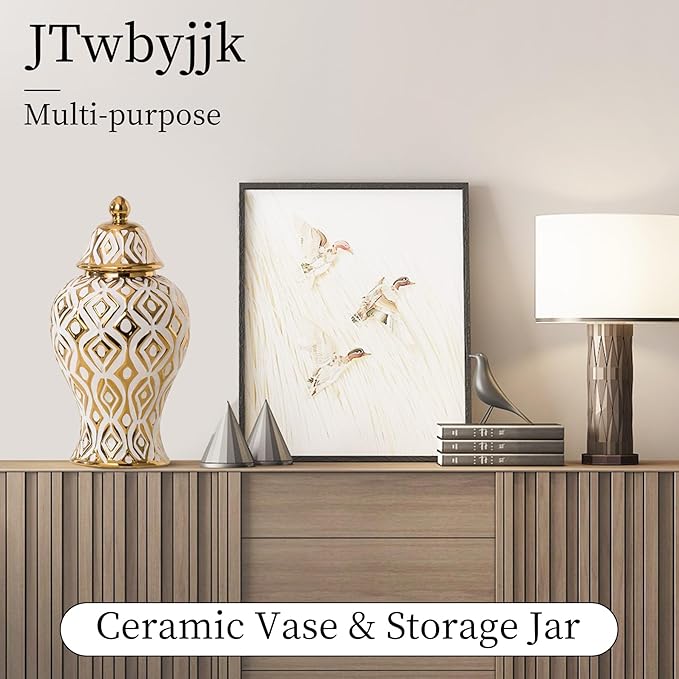 White and Gold Vase with Lid, Ginger Jars for Home Decor, Ceramic Flower Vase for Home, Kitchen, Bookshelf Decor, Storage jar, Table Center Vase, Centerpieces Jarrones(14.57in)