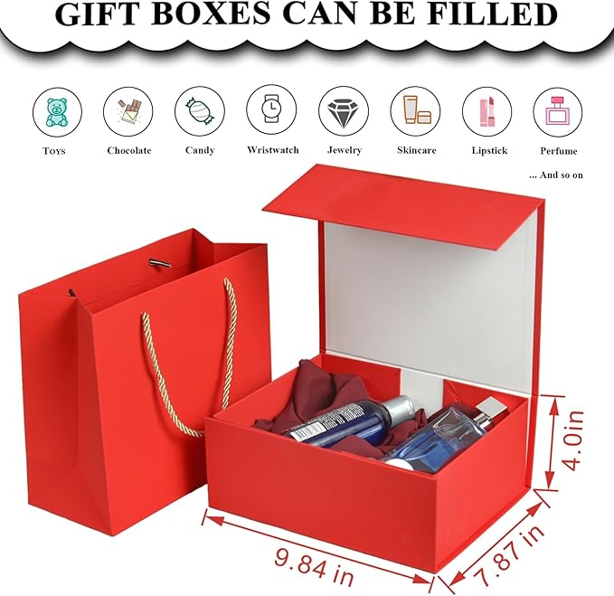 Elegant Gift Boxes with Gift Bag for Presents with Lids Magnetic Closure Rectangle Collapsible for Christmas, Valentine's Day, Birthday Gift Packging (Red)