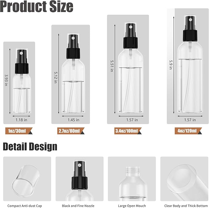 50PCS Small Travel Spray Bottles, 3.4oz/100ml Clear Fine Mist Plastic Empty Refillable Bottles for Skin Care, Hair Care, Plant Care & Home Cleaning