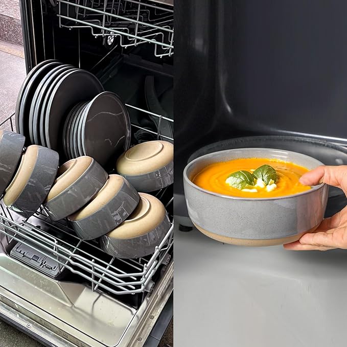 HASENSE Stoneware 18 Pieces Plates and Bowls Sets, Porcelain Dinnerware Sets for 6, Ceramic Dishes Sets with Speckled Pattern, Scratch Resistant Microwave and Dishwasher Safe, Dark Gray