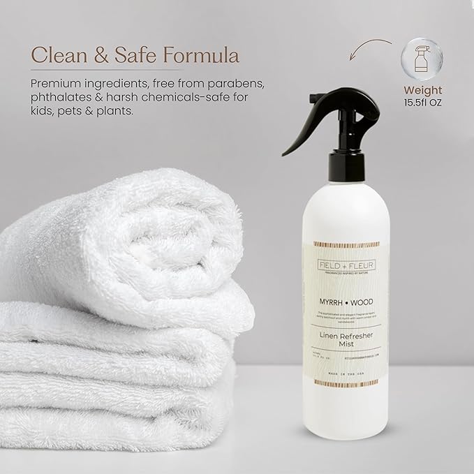FIELD FLEUR Myrrh Wood Linen & Room Spray 15.5 oz - Aromatic & Refreshing Bedding & Fabric Mist - Air Freshener for Clothes & Sofas - Notes of Patchouli, Myrrh, Amber & Sandalwood - Made in USA