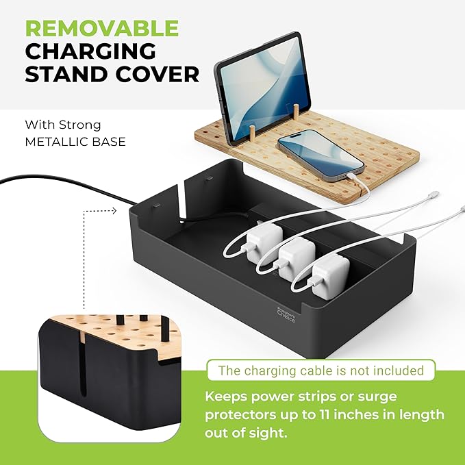 Prosumer's Choice Black Wooden Charging Station Organizer for Multiple Devices - Cable Management Box with 5 Slots and Removable Dividers - Charger Organizer for Phone, Tablet, Home, Office, 12"x6"x7"
