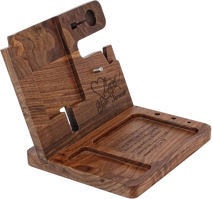 Wood Phone Docking Station for Men Personalized - for Him Husband Boyfriend Birthday - Wooden Organizer Nightstand Organizer