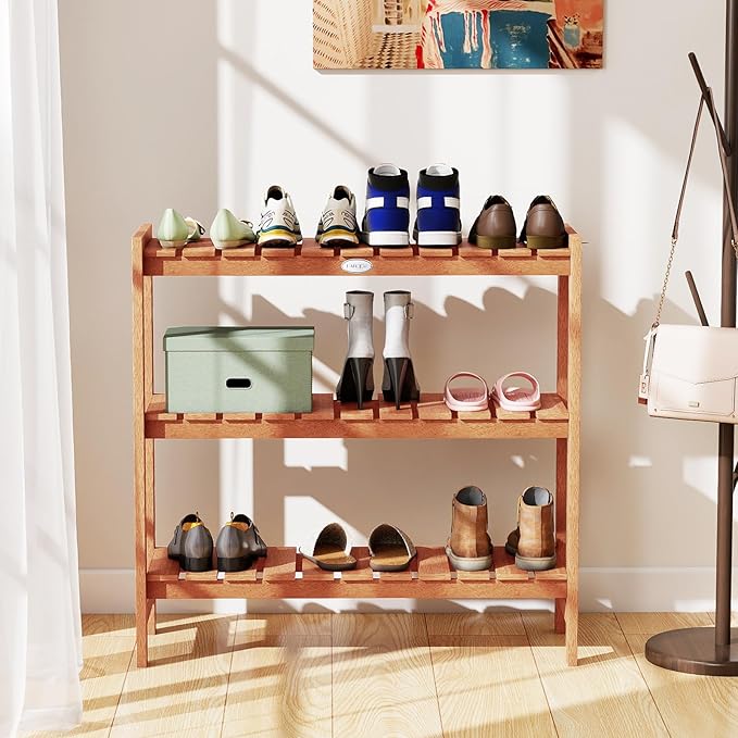 Giantex 3-Tier Plant Stand Indoor, Solid Wood Flower Pot Display Rack w/ Slatted Shelves, Take Oil Finish Bookshelf Shoe Rack, Indoor Outdoor Storage Shelf for Patio Garden Balcony Home Living Room Entryway