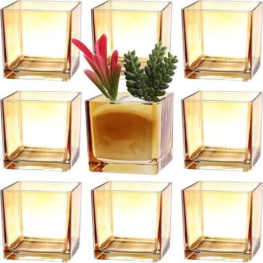 Square Flower Vases Set of 9, 3"x 3"x 3" Glass Vases for Centerpieces, Amber Vase for Flowers, Small Vase for Wedding, Party, Home Office Decoration