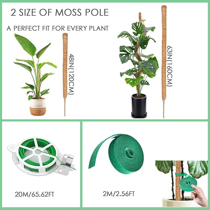 2 Pack Bendable Moss Pole 48" 63" Monstera Plant Support for Climbing Indoor Plants Tall Coir Plant Pole Sticks Support Stakes for Potted Plants, Pothos, Philodendron