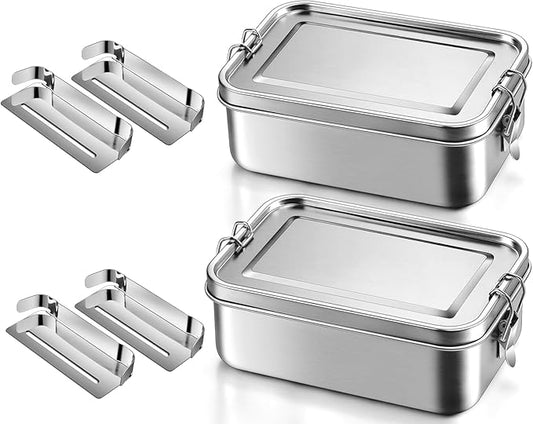 Leonyo 2Pack 28oz Bento Box, 18/10 Stainless Steel Bento Lunch Box with 4 Dividers, 850ml Small Leak-Proof Food Snack Containers for Sandwich, Dishwasher Safe, Oven Safe Except for Lid