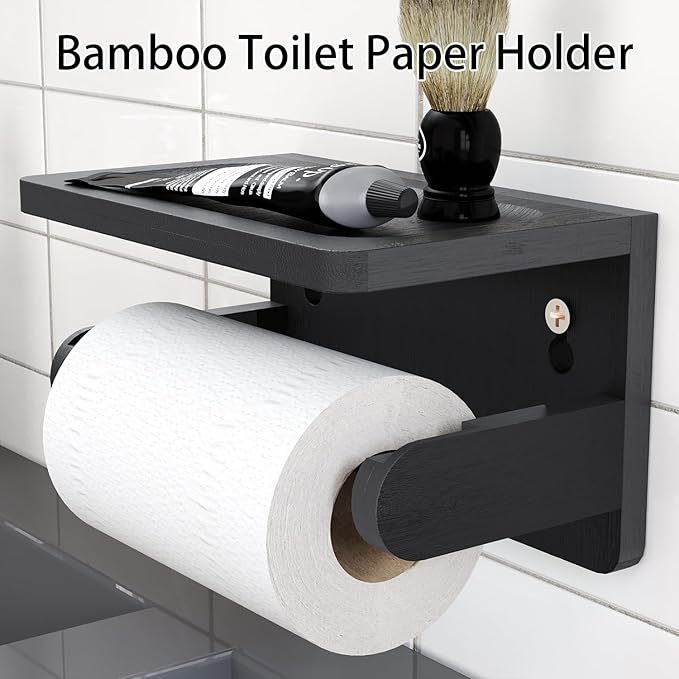 Drill-Free Toilet Paper Holder with Phone Shelf Bamboo Wall-Mounted, No-Drill & Drillable, Bathroom Storage Organizer, Space Saver Tissue Roll Rack for Bathroom, Kitchen, Home Decor (Black)