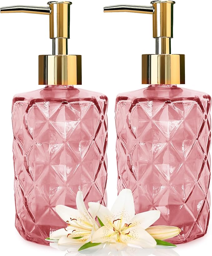 Glass Soap Dispenser with Pump, Soap Dispenser, Lotion Dispenser for Dishwashing Liquid, Lotion Shower Gel (Pink)
