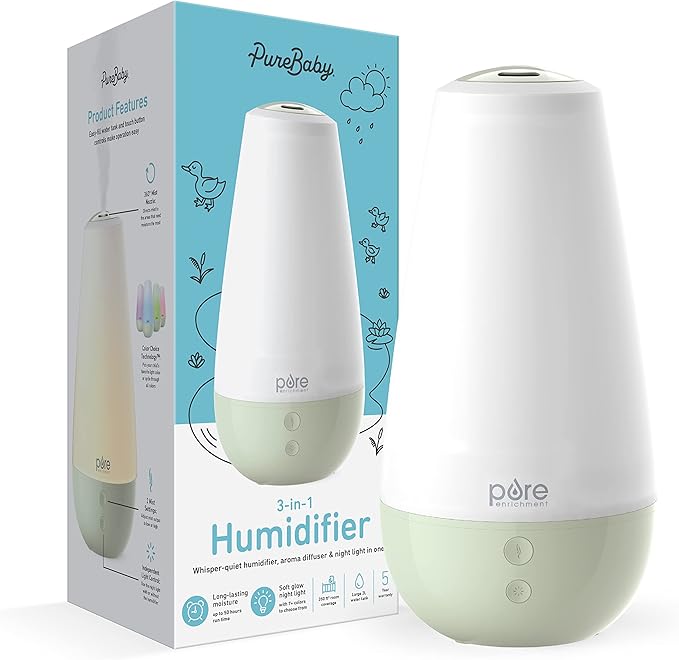 Pure Enrichment® PureBaby® 3-in-1 Whisper-Quiet Humidifier, Color Changing Night Light, & Essential Oil Diffuser for Baby Nursery & Kids Bedroom to Relieve Congestion, Colds, & Coughs (Whisper Green)