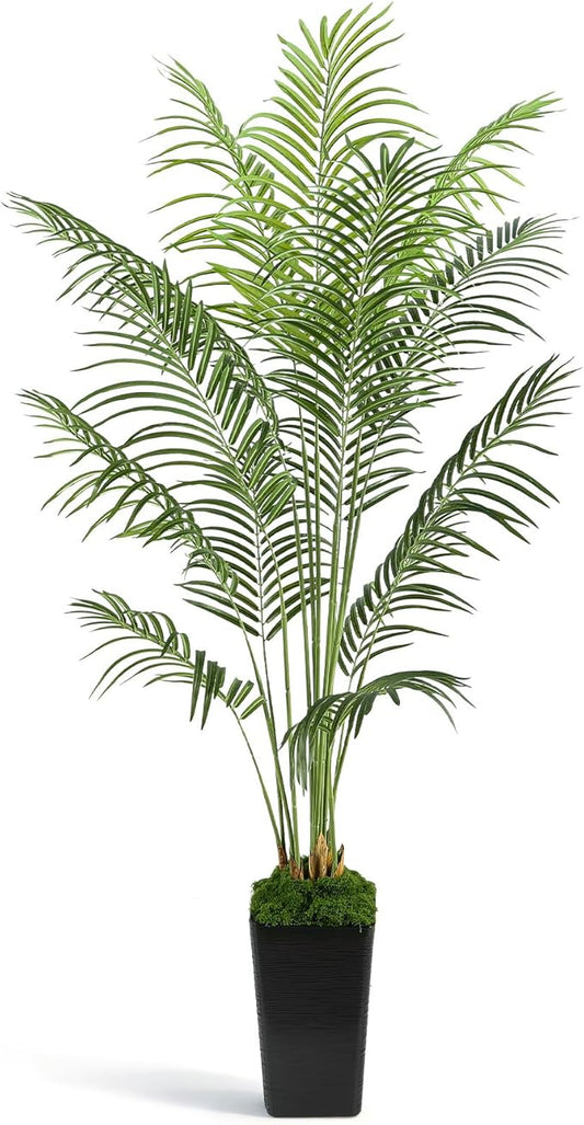 6FT Artificial Palm Tree, Tall Fake Tropical Areca Plant with Black Square Planter for Indoor Outdoor Home Decor, Realistic Faux Palm Tree for Living Room, Office, Porch, Garden