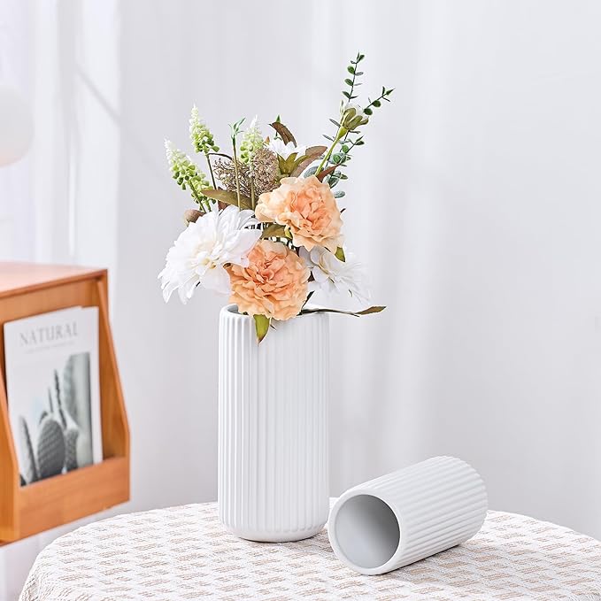 White Ceramic Flower Vase for Pampas Grass, 8 inch Small Decorative Centerpiece Ribbed Vase for Dining Table, Office Desktop, Shelf Bookshelf, Mantel, Entryway, Bathroom, Countertop, Farmhouse, Gift
