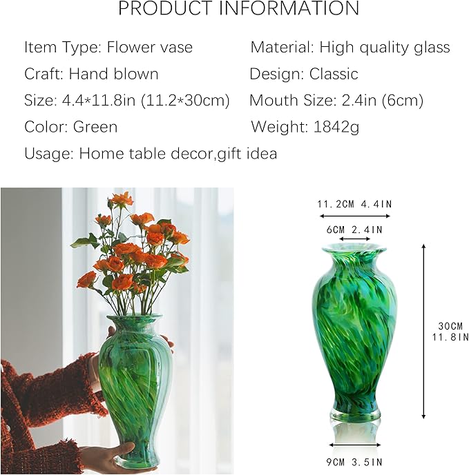 Hand Blown Green Classic Vase for Home Decor, 11.5Inch Glass Flower Vase for Shelf Decor, Living Room Decor, Centerpieces, Unique Gift for Her Mom Sister Friends