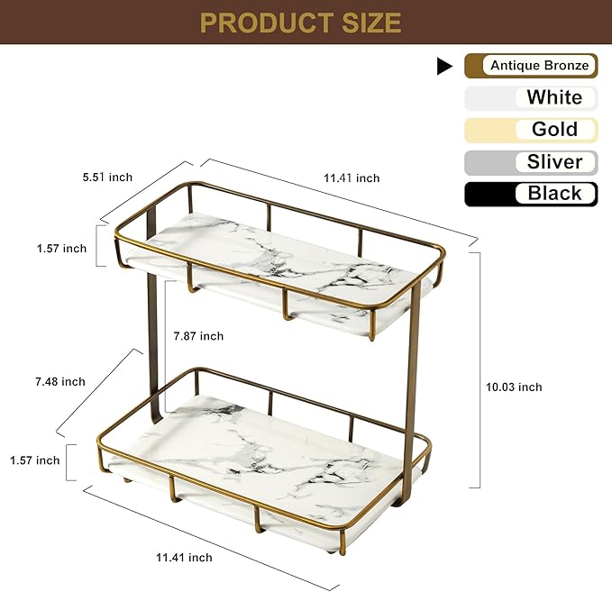 Bathroom Organizer Countertop Perfume Organizer Makeup Organizer Cosmetics Storage Display Rack Vanity Tray Dresser Stainless Steel Gold Shelf White Marble Ceramic Tray