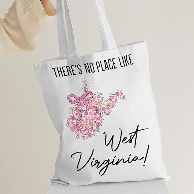 Floral West Virginia Map Bow Canvas Tote Bag for Books, Travel & Daily Use, Magnetic Buckle, 16x14 Inch(003)