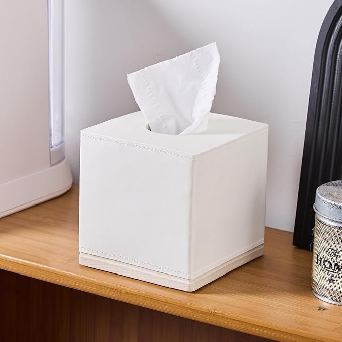 Tissue Box Cover Square Resin Tissue Holder for Home Decor,Hand Carved Beige Leather Cube Tissue Box Holder – 5.5 Inch Heavy Duty Luxury Tissue Box Case for Bathroom, Living Room, Office
