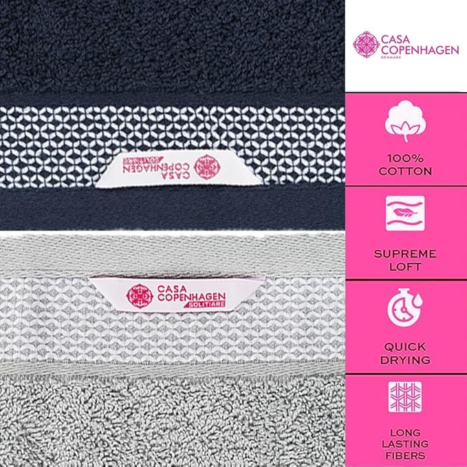 CASA COPENHAGEN Solitaire Mix 6 Pieces Towel Set- Navy Blue + Grey Violet, 600 GSM 2Bath Towel 2Hand Towel 2Washcloth, Designed in Denmark Made of Soft Egyptian Cotton for Bathroom, Kitchen & Shower