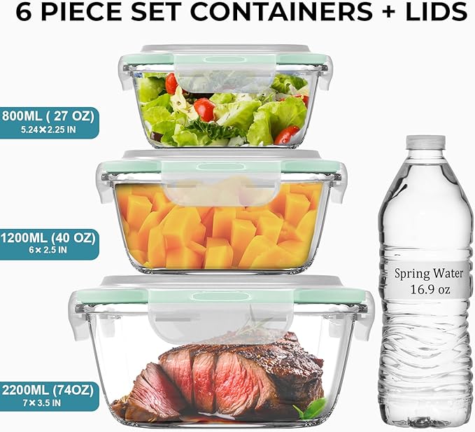 Razab 6 PC Square Glass Food Storage Containers with Airtight lids (74, 40 & 27 oz) Kitchen Glass Meal Prep Containers Set for Freezer Reusable Leftover Lunch Boxes, Oven, Microwave, Dishwasher Safe