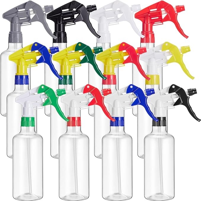 Eccliy 12 Pcs 16 Oz Plastic Spray Bottle, Adjustable Empty Reusable Sprayer for Cleaning, Planting, Water, Bathroom and Kitchen, BBQ, Commercial and Residential(Muticolored,Clear)
