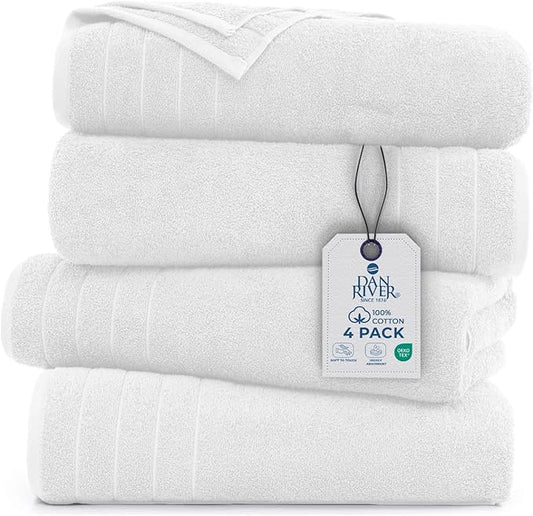 DAN RIVER Bath Towels Set of 4, 30 x 60 Inches, 100% Cotton, Larger & Lighter Weight, Quicker to Dry, Super Soft and Absorbent, Ideal Hotel Towels for Daily Use, White