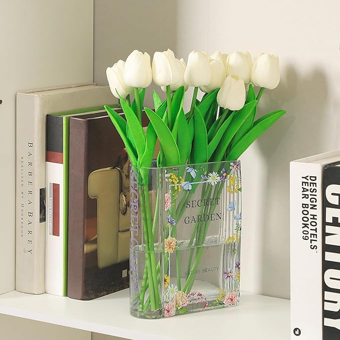 Glass Book Vase, Clear Book Vase for Flowers, Large Glass Vases, Modern Book Shaped Vases for Bedroom, Living Room, Office, Coffee Table, Bookshelf(Garden)